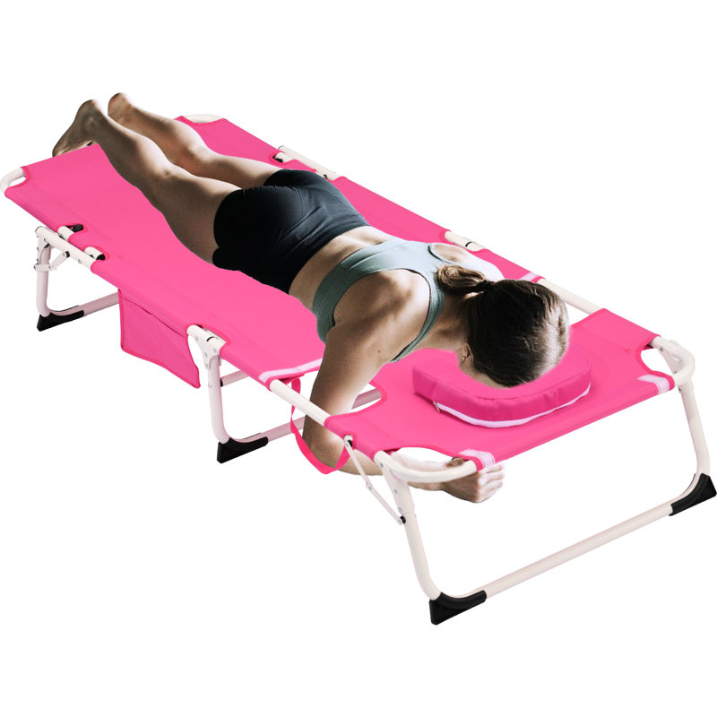 Adjustable 5 - Position Chaise Lounge Chair With Face Hole For Outside Tanning, Patio, And Camping. Frame, Soft Cotton Pad, Removable Pillow. Tanning Arm Holes Relaxation On Lawn