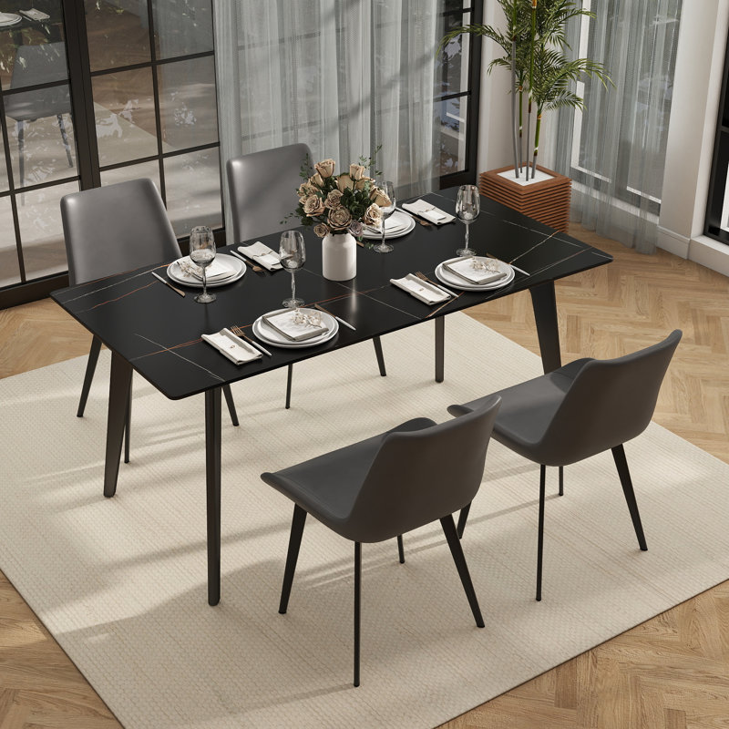 Ensemble de table et de chaises de salle à manger pour 4 personnes avec plateau en pierre frittée et revêtement en cuir PU.