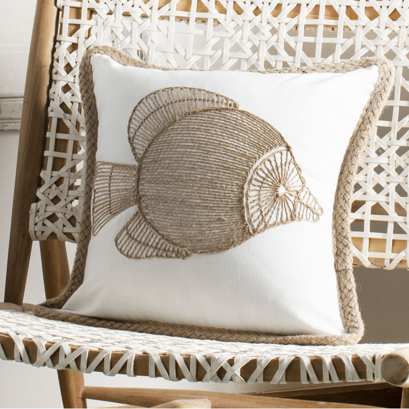 Nautical Embroidered Fish White Cotton Throw Pillow