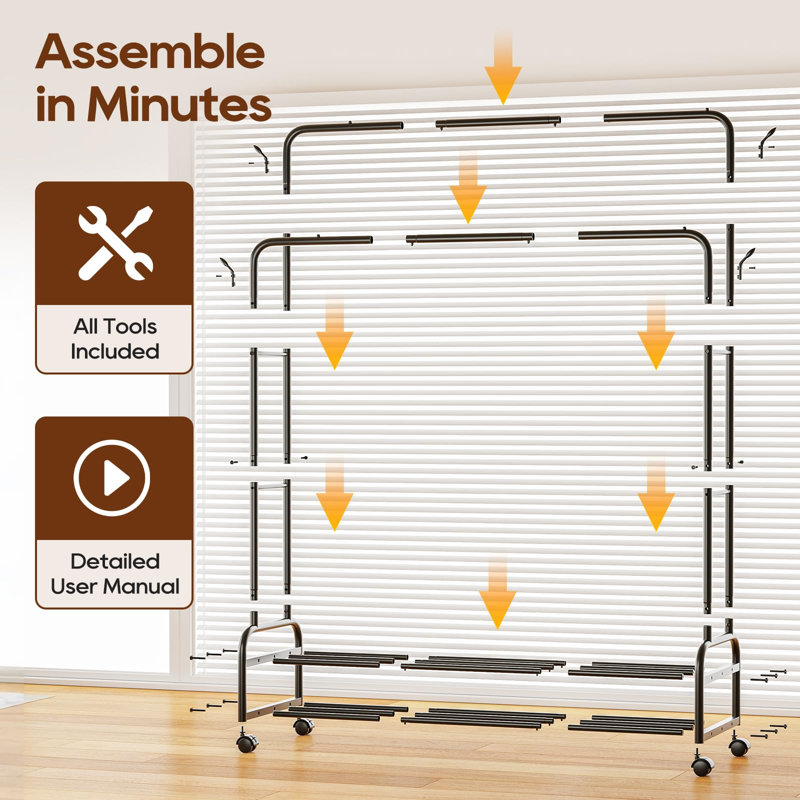 Portant à double tringle avec roulettes et 2 tablettes - capacité de 300 lb