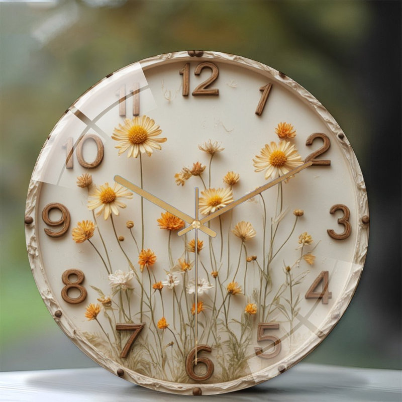 Dried Flowers Adorn A Floral Clock Face Art - 12'' Modern Glass Wall Clock