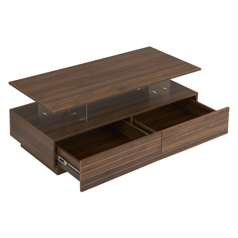 Modern Walnut Rectangular LED Lights Coffee Table With 2 Drawers In 47.2", Walnut