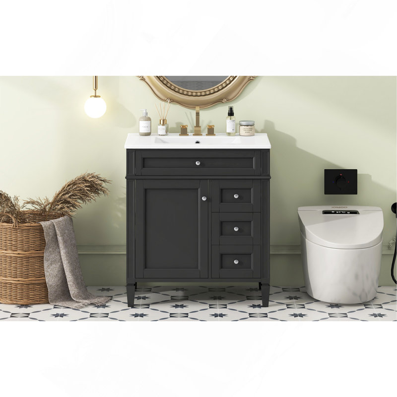 Meuble-lavabo 30 po avec lavabo supérieur, meuble-lavabo moderne avec 2 tiroirs et un tiroir basculant, meuble-lavabo simple