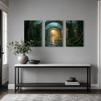 Ensemble d'art sur toile en forme de voûte en pierre recouverte de mousse avec 3 lumières dorées