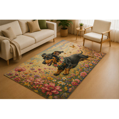 "Ultra Thin" 5' x 7' Dachshund Wildflower Meadow Area Rug for Living Room, Soft Low Pile Indoor Rug with Non-Slip Silicone Backing, Botanical Carpet for Bedroom, Nursery, Kids & Pets, Black Tan