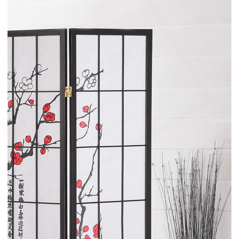 Paravent noir japonais à 4 panneaux, fleur de prunier