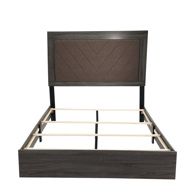 Grand lit avec attrait rustique en chêne gris foncé, revêtement en tissu, assemblage requis