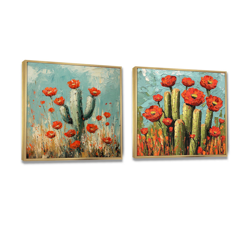 Cactus et fleurs du désert I - Art mural floral cactus - décoration murale traditionnelle 2 pièces, Cadre flottant, Gold