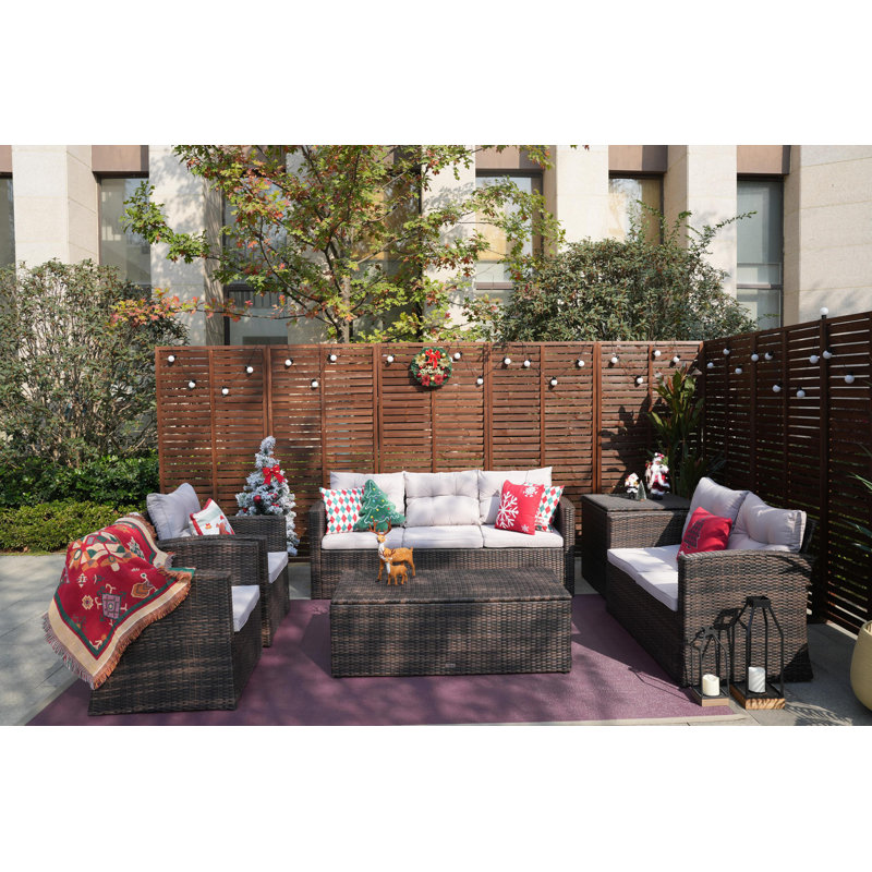 Ensemble de patio complet en rotin 6 pièces avec coussins Kensli, Brun