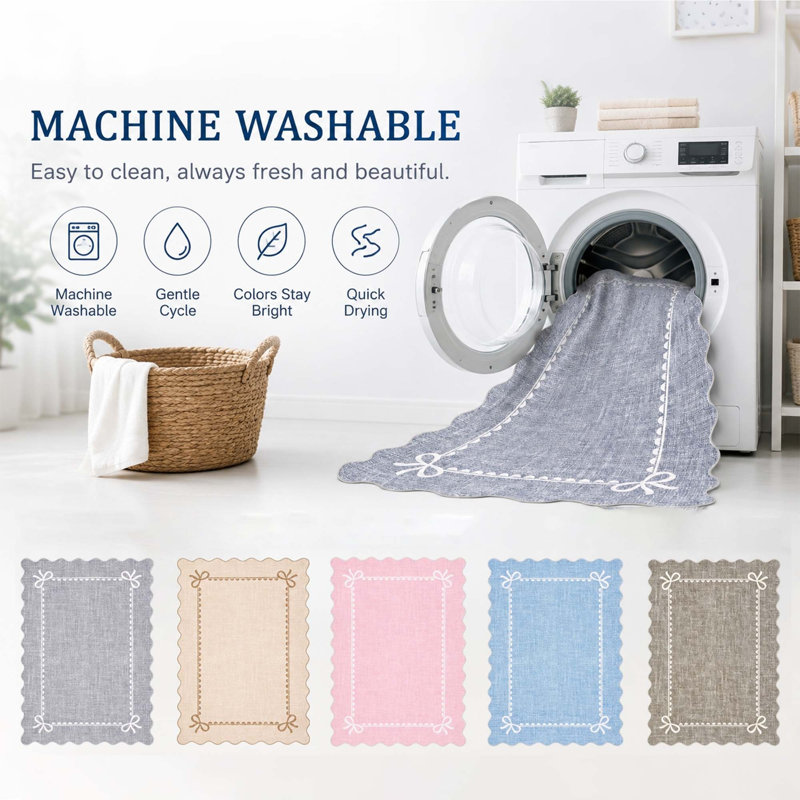 Scalloped Bow Washable Rug for Nursery Bedroom and Hallway, Blue, Rectangle 8' x 10'