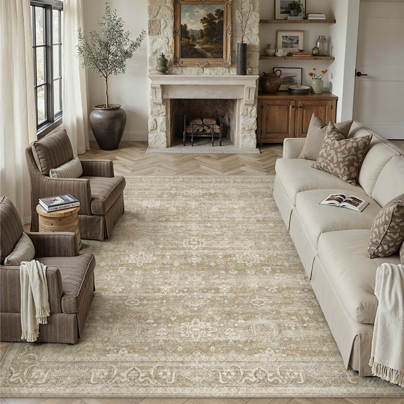 Avella Vintage Oriental Machine Washable Area Rugs With Non-Slip Backing, Beige, Rectangle 8' x 10'