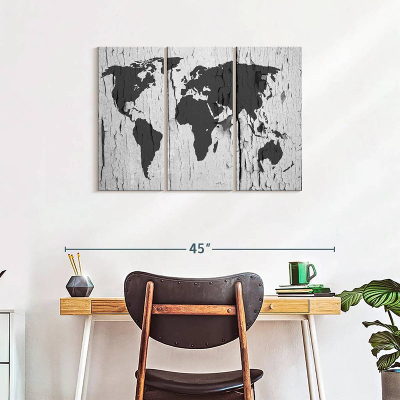«World Map», reproduction de carte du monde sur toile, 3 pièces par Jorge S, H 24 po x l 38 po x P 1,25 po