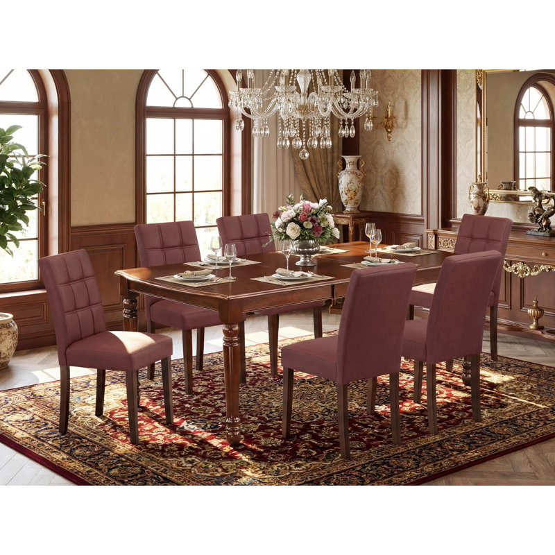 L'ensemble de table de salle à manger 7 pièces contient une table de salle à manger et 6 chaises rembourrées en tissu de polyester bourgogne, acajou