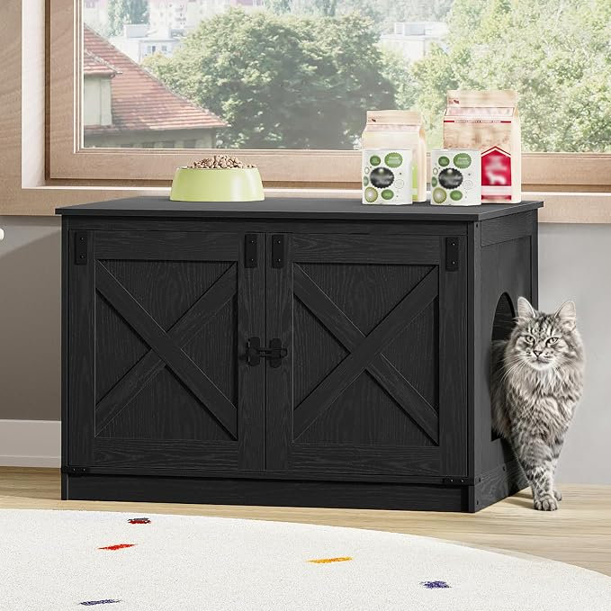 Enceinte de litière pour chat avec coussin, meuble de litière caché avec séparateurs amovibles, entrée réversible à gauche ou à droite, maisonnette pour chat, noir