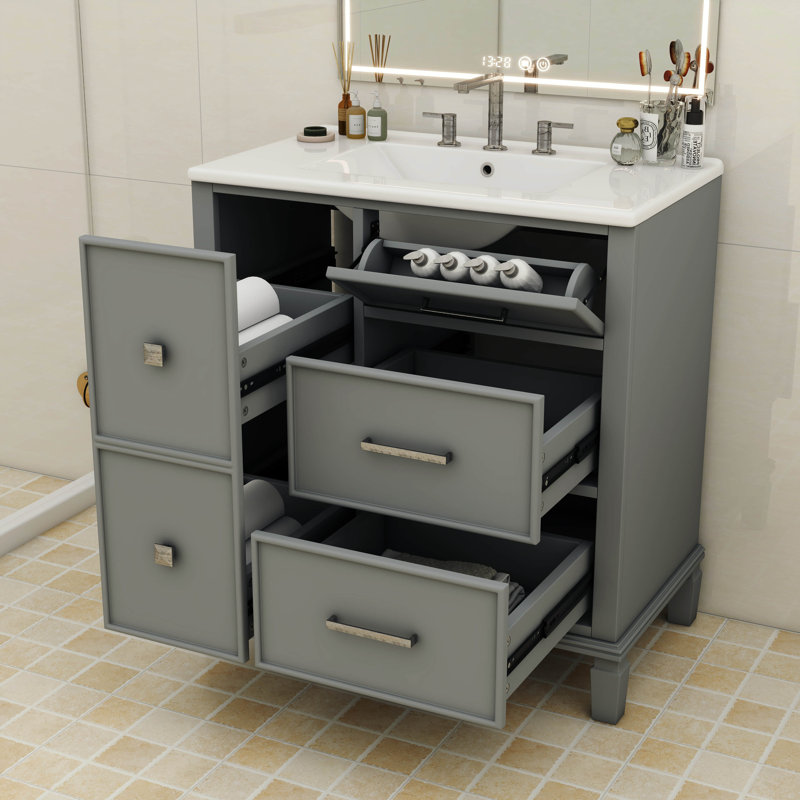 Meuble-lavabo moderne 30 po avec meuble-lavabo en céramique et tiroir escamotable, Gris
