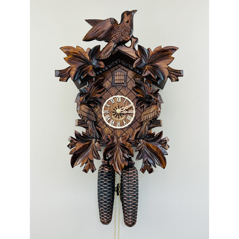 Horloge coucou huit jours - 16 po de hauteur - Trois oiseaux sculptés à la main et sept feuilles