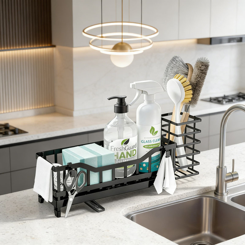 Porte-évier en acier inoxydable avec porte-éponge avec drainage à 360 degrés, séparateurs réglables et rangement à brosse à long manche pour l'organisation du comptoir de cuisine