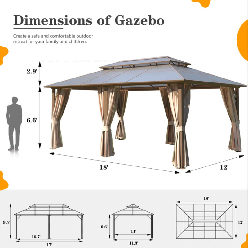  EROMMY 18 ft. W x 12 ft. D Hardtop Aluminum Gazebo, Permanent Pavilion with Curtains and Netting, Outdoor Double Roof Canopy, Designed for Garden, Lawns, Patio