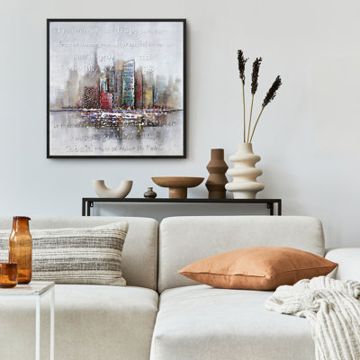 Cityscape with Typography in Relief - Turquoise Canvas Art