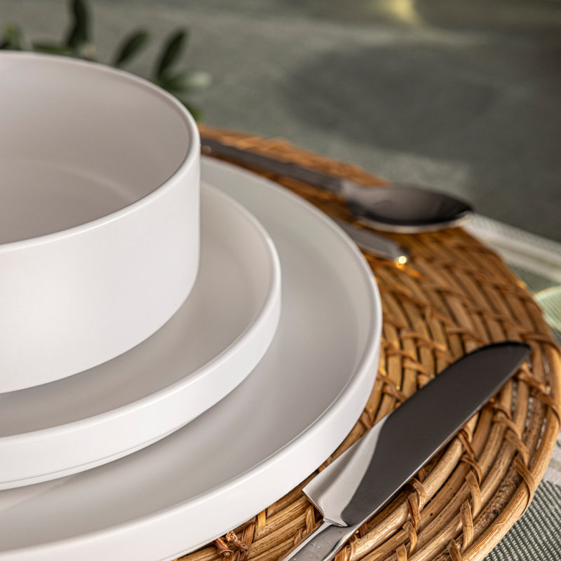 over&back Stackable 12-Piece Semi Hand-Finished Stoneware Dinnerware Set, White