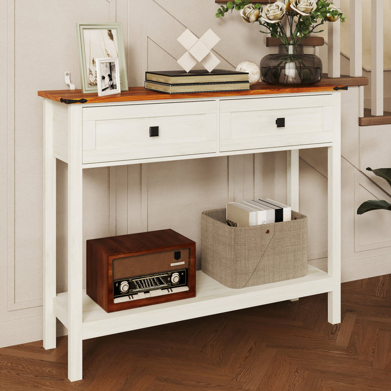 Farmhouse Style Console Table With 2 Drawer And Bottom Storage Shelf For Entryway, White