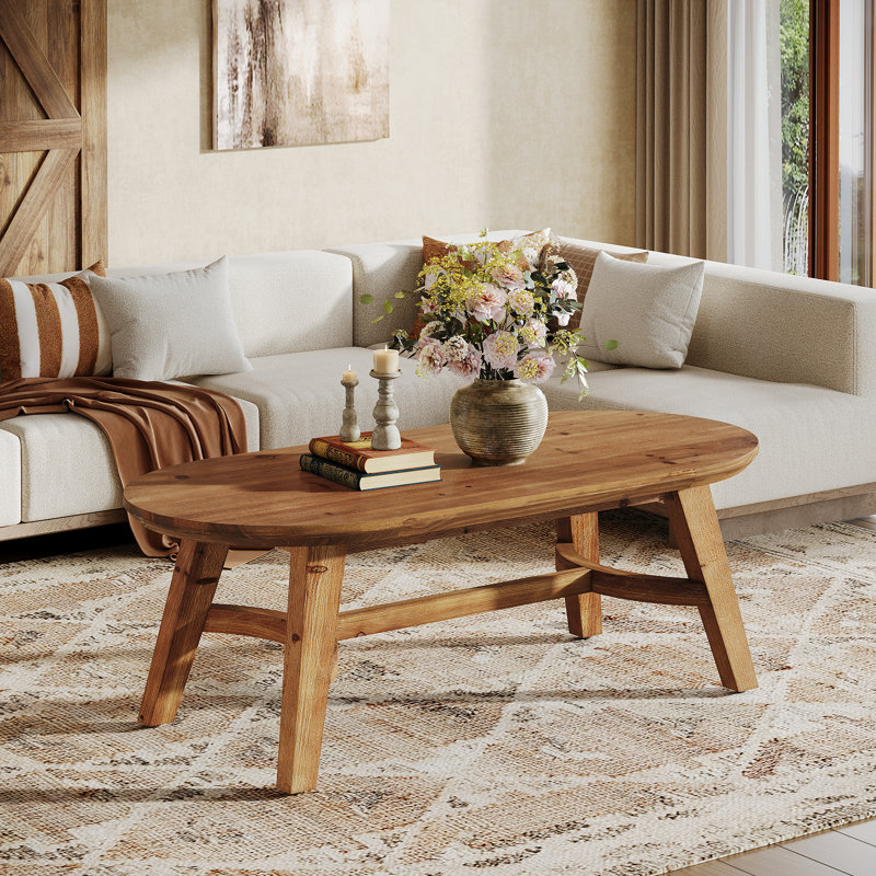 Solid Wood Coffee Table, 47.24-Inch Farmhouse Oval Center Table with Sturdy Base & Rounded Corners for Living Room and Office, Brown