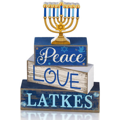 4 Pcs Hanukkah Decorations for Home Wooden Menorah Decor | Chanukah Table Decor, Hanukkah Centerpiece, Rustic Menorah Block Signs Jewish New Year Decoration for Home Tiered Tray Decor