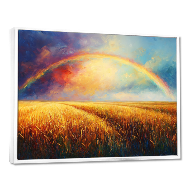 «Countryside Rainbow Over The Wheat Fields II», art mural arc-en-ciel pour le salon, H 12 po x l 20 po, Cadre flottant blanc