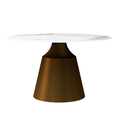 Table de salle à manger ronde de 53 po avec base en acier inoxydable et plateau en pierre frittée. Pour 4 à 6 personnes. Bronzé. Cuisine, chambre, salon. Base à bronzer à bords usés. Pour 4 à 6 personnes. Bureau idéal.