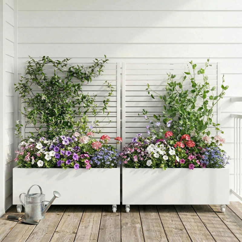 Lit de jardin en métal avec treillis et roues H 4 pi x l 4 pi - blanc, Blanc