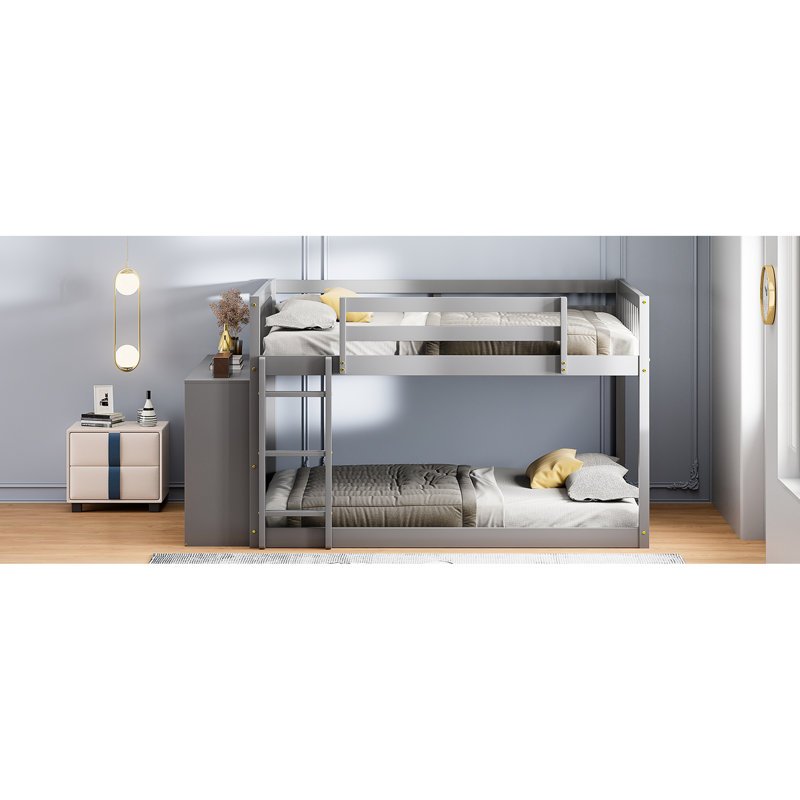 Lit double superposé double gris avec 4 tiroirs et 3 tablettes de rangement, fabrication en bois massif pour les tiroirs et les tablettes de la chambre à coucher, un look élégant
