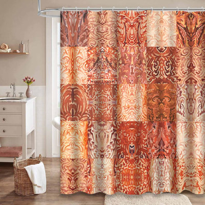 Rideau de douche imperméable à motif abstrait patchwork médiéval brun avec 12 crochets