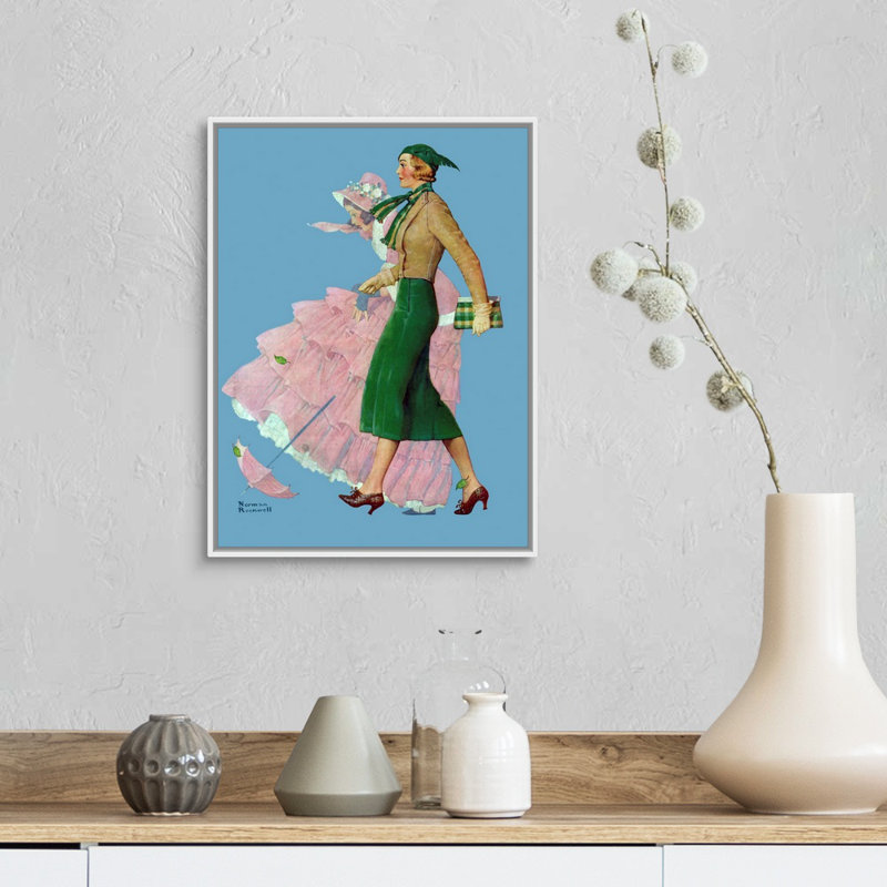 Deux femmes marchant sur toile, art mural, H 18 po x l 14 po x P 1,75 po, Cadre flottant blanc