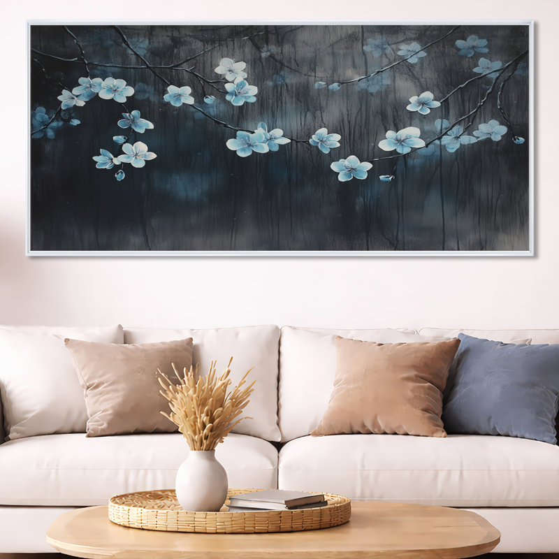 Art mural fleur de cerisier bleu, toile florale de minuit, Immanuel, H 28 po x l 60 po, Cadre flottant blanc