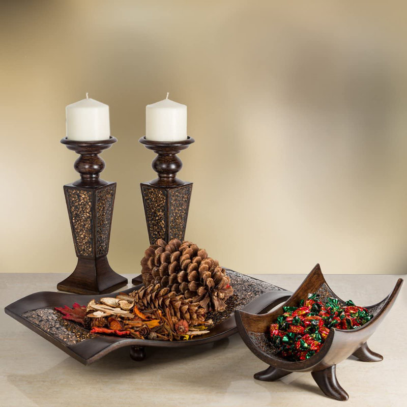 Handcrafted Walnut Decorative Bowl with Stand and Mosaic Design