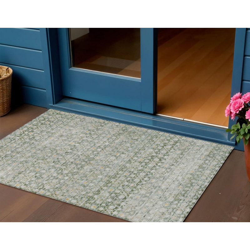 Tapis intérieur/extérieur lavable à rayures vertes et dorées 90 x 150 cm