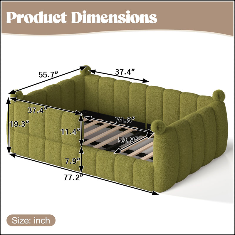 Lit double tapissier sur pied avec traverses doubles, Double, Vert