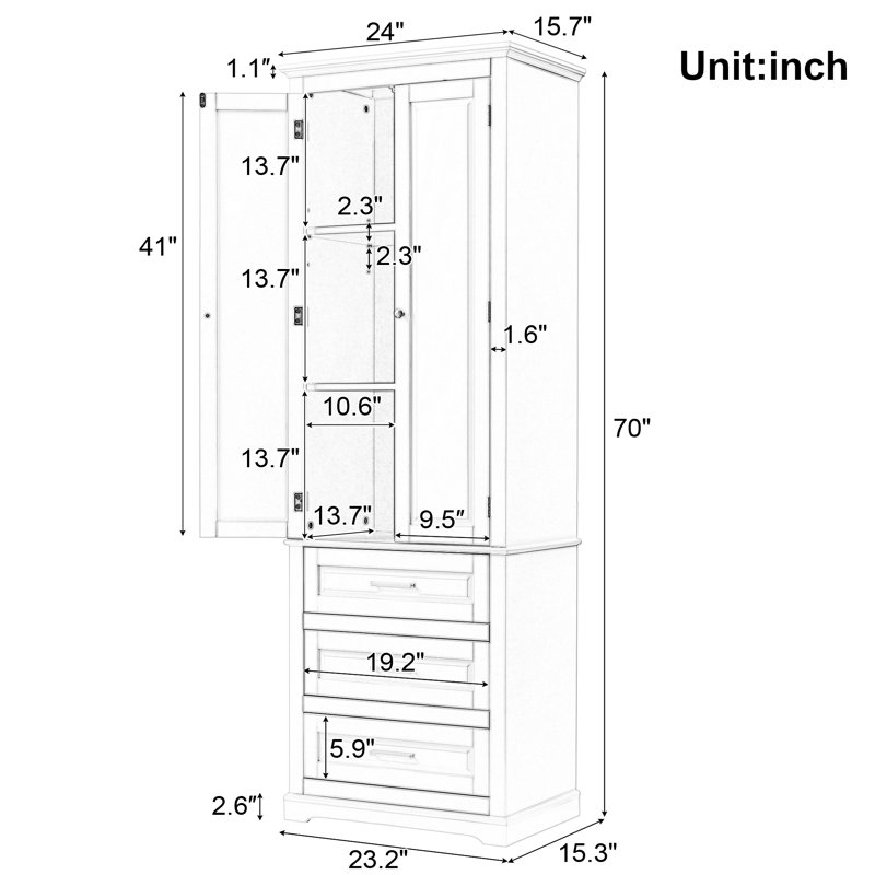 Tall Storage Cabinet with 3 Drawers, Freestanding Bathroom Linen Tower with Adjustable Shelf, Waterproof MDF Pantry & Utility Organizer for Kitchen, Office, and Living Room