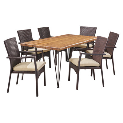 Devair 6 - Person Acacia Wicker Patio Dining Set with Rectangular Table , Cushions Included