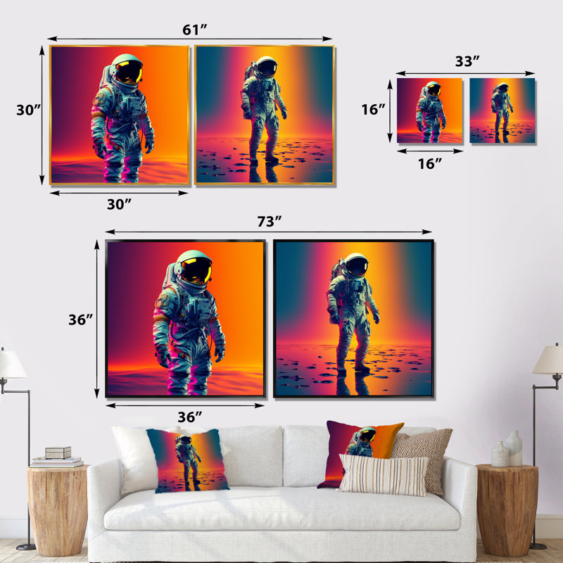 Astronaute rose orange à travers l'espace I - ensemble de 2 reproductions d'art mural, Cadre flottant doré