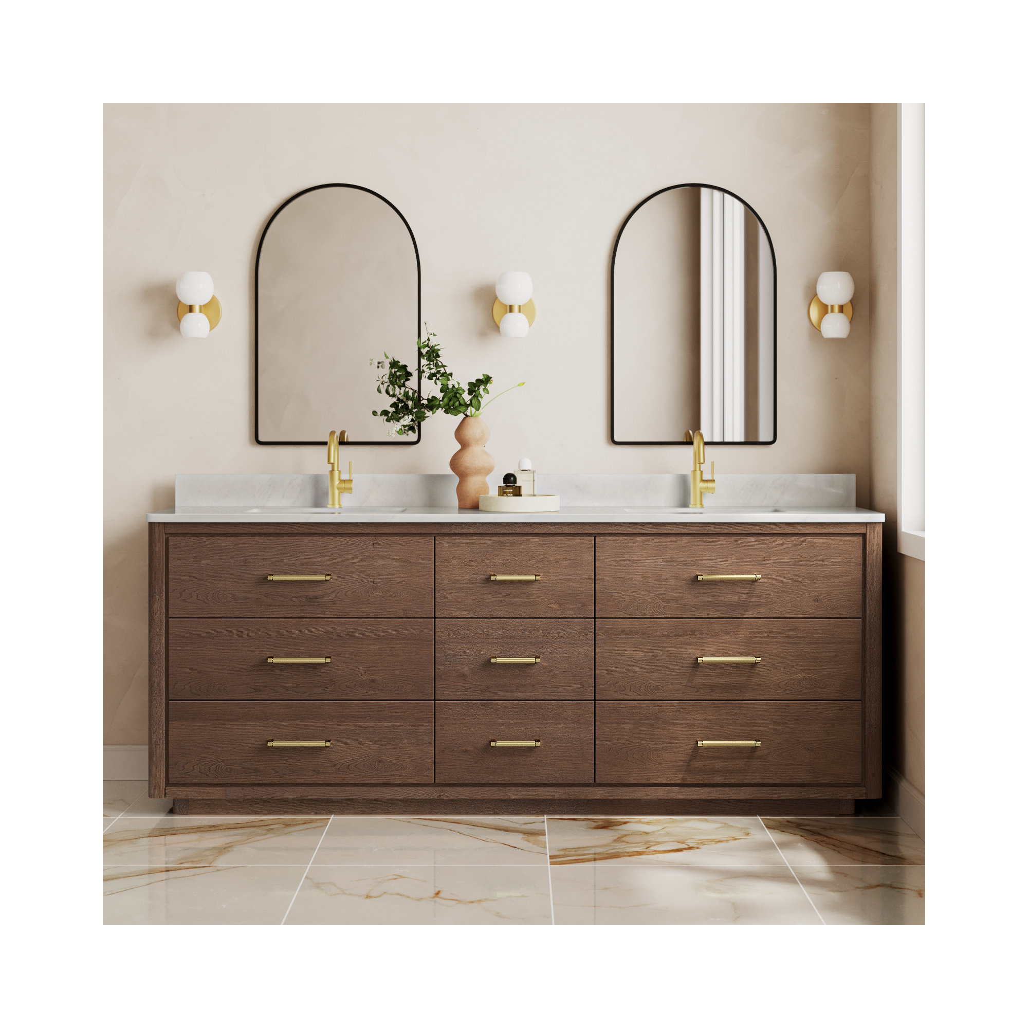 Porto 84'' Double Bathroom Vanity, Gold, Dark Brown Oak