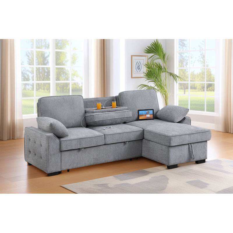 Ebern Designs 91inch Upholstered Pull Out Sleeper Sectional Sofa With Convertible Storage Chaise, Gray Polyester Blend