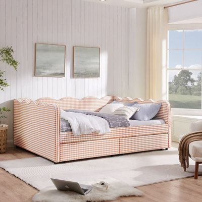 Lit de jour confortable en vichy avec deux tiroirs de rangement, avec port USB et adorable tissu en forme de vague