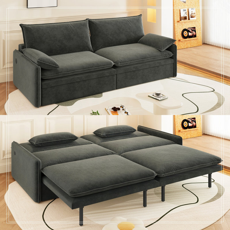 Canapé-lit convertible 4 places - tissu chenille, siège profond, canapé nuage moderne avec rangement, port USB, Gris foncé