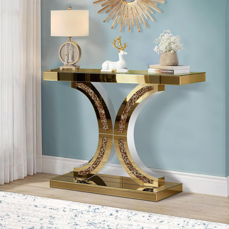 Tea Color Mirrored Console Table With Crushed Diamond Inlay, 39.4'' Long Glass Entryway Sofa Table, C-Shaped Base Modern Accent Narrow Table For Living Room, Hallway, Foyer, Entrance