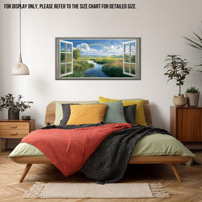  Large Window View Wall Art Landscape Prints, Big Nature Scene Artwork Open Window Canvas Visual, Spring Scenery Picture River and Rainbow Decor Panoramic Forest Painting for Living Room, 12x24 inches