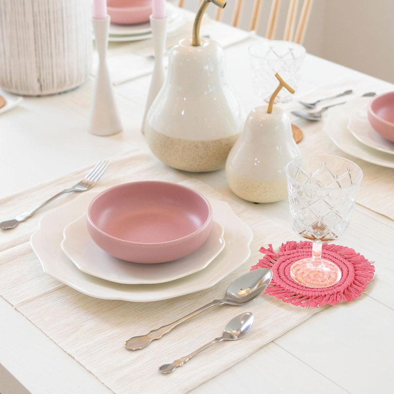 4-Pack Boho Macrame Coasters - Handmade Woven Table Decor, Pink