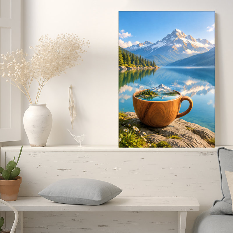 Tasse en bois avec reflet de lac enneigé, tableau sur toile, 48"H x 36"W