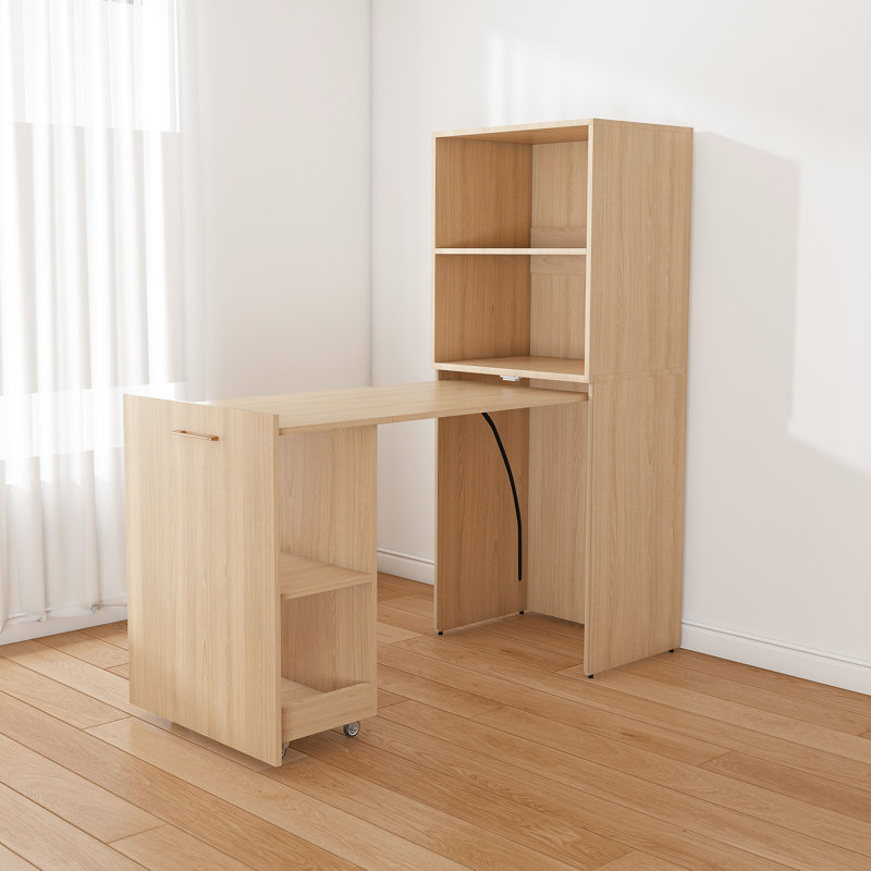 Bureau pliable extensible avec tablettes de rangement et roulettes verrouillables, bureau d'ordinateur compact pour petits appartements