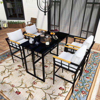 Ensemble repas 5 pièces pour l'extérieur en fer avec accoudoirs et coussin en bois d'acacia